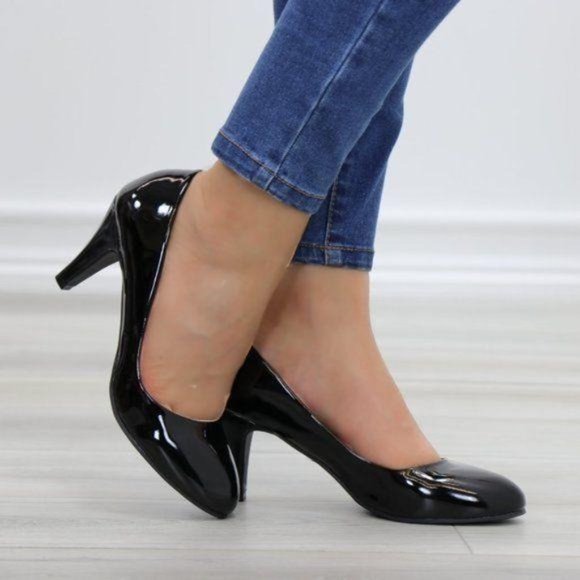 Black Patent Round Toe Kitten Low Heel Pumps - Picture 9 of 11
